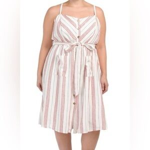 Costal Summer Midi Dress Linen Stripe Button Front Tie Waist Spaghetti Strap XXL